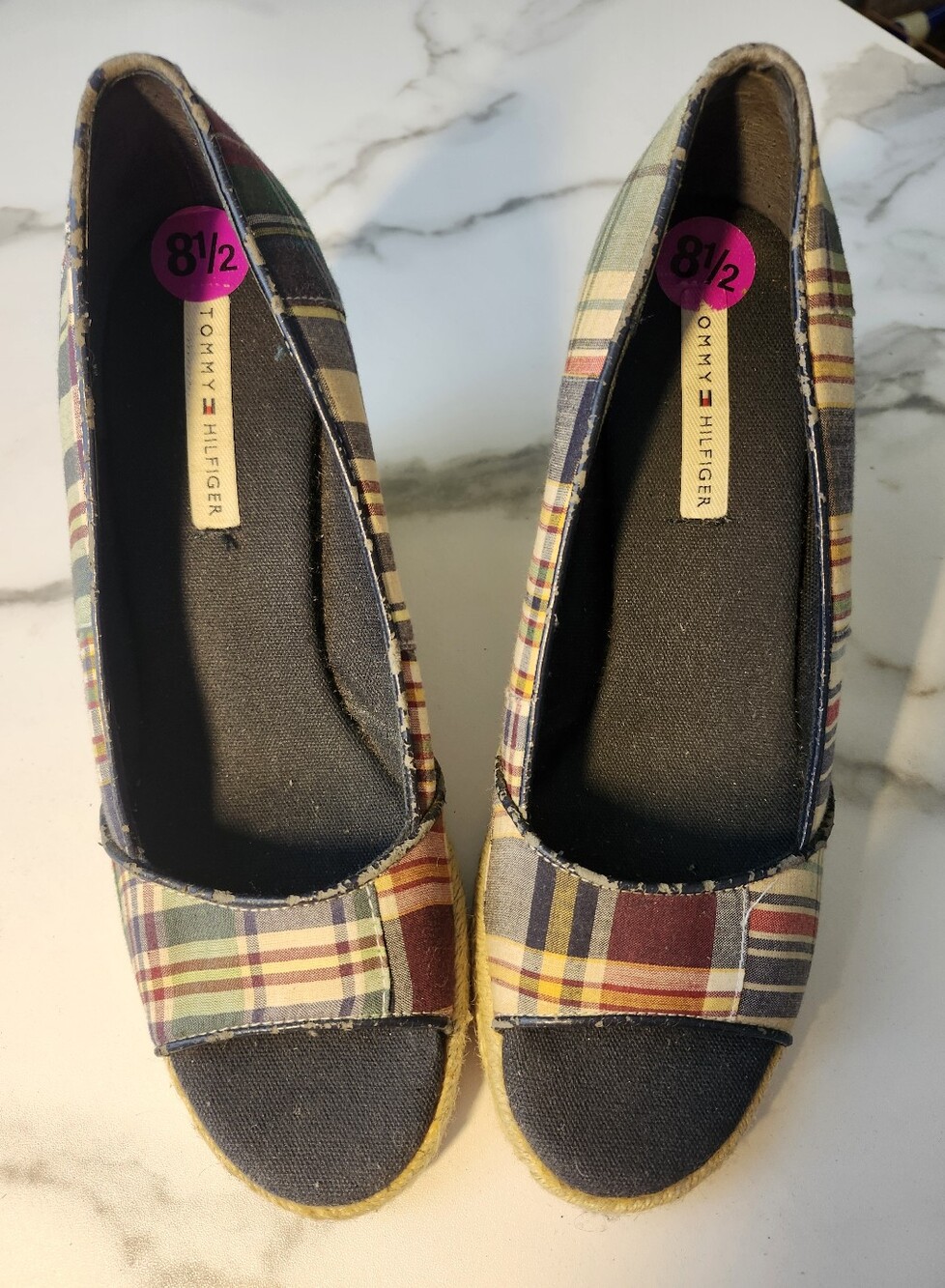 Tommy Hilfiger Plaid Espadrille Wedge Heels - Green Red Tan WORN ONCE